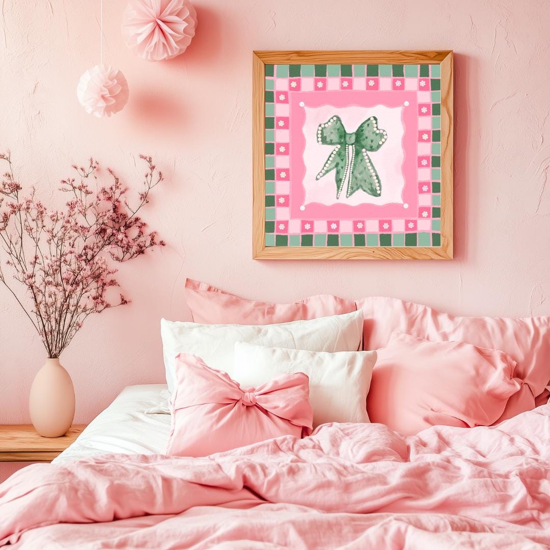 Green and Pink Bow Print