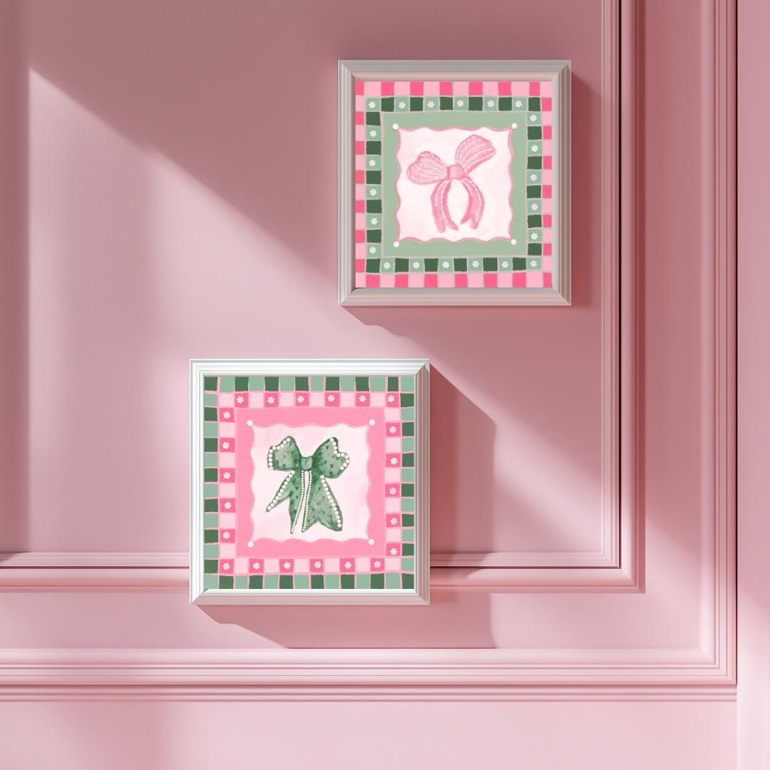 Pink and Green Bow Print