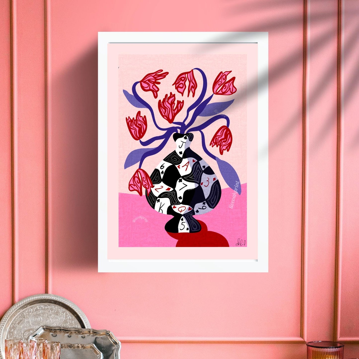 Poker Vase Wall Art – Bold Playing Card Vase Print – Funky Tulip Floral Print – Abstract Modern Decor – Red Pink Maximalist Wall Art