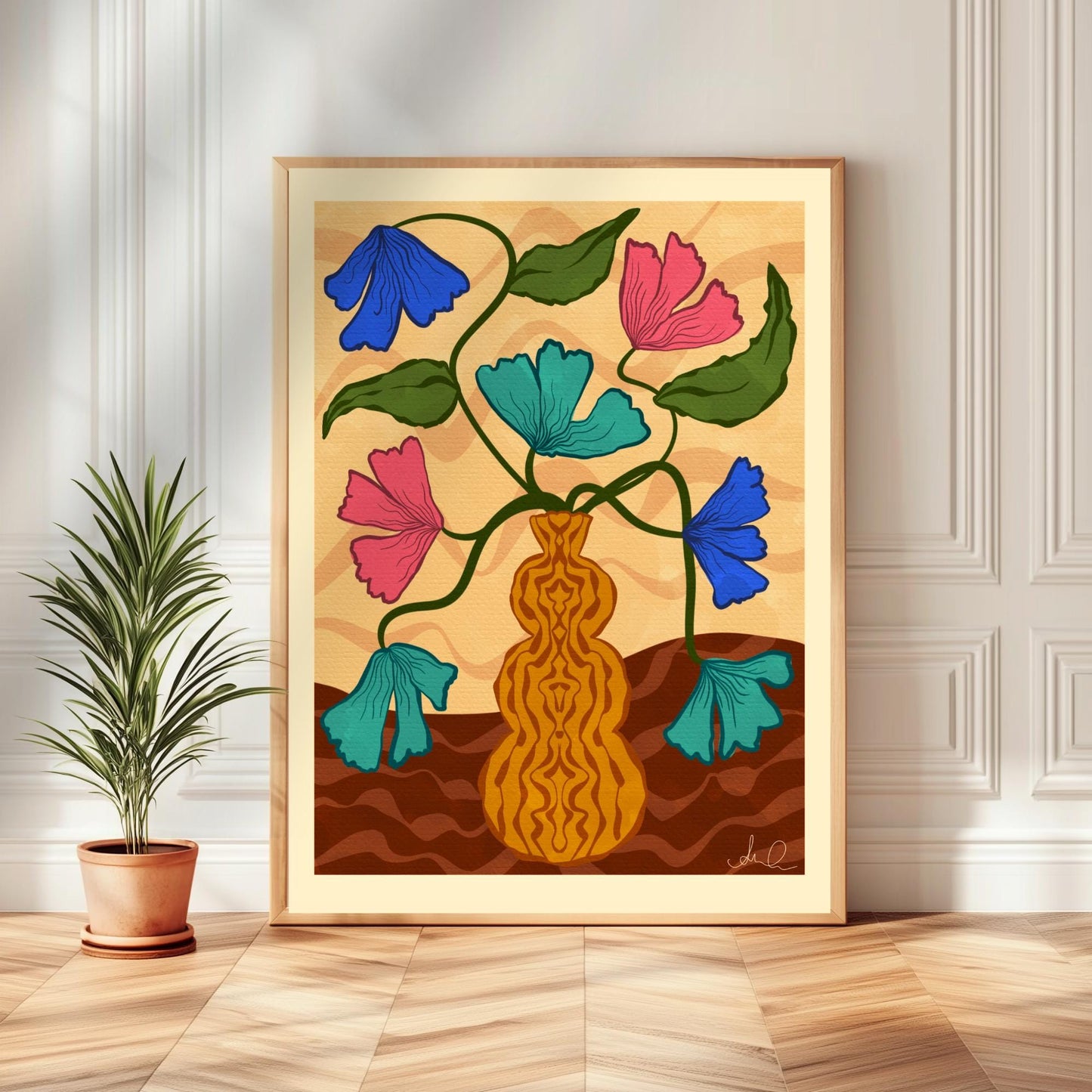 Retro Vase Floral Wall Art – Earth Tone Flower Print – Vintage Botanical Print – Maximalist Wall Art – Funky Flower Art 70s Style Decor