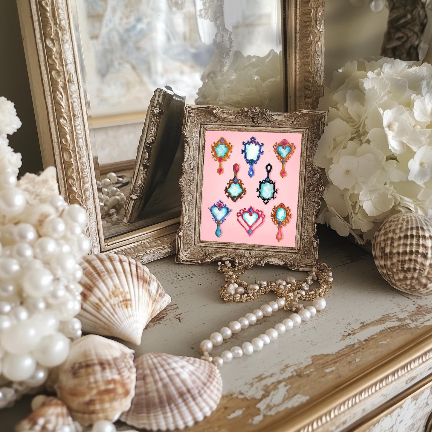 Mermaid Mirrors – Coquette Vanity Art Print, Vintage Aesthetic Decor, Pastel Mermaidcore Wall Art