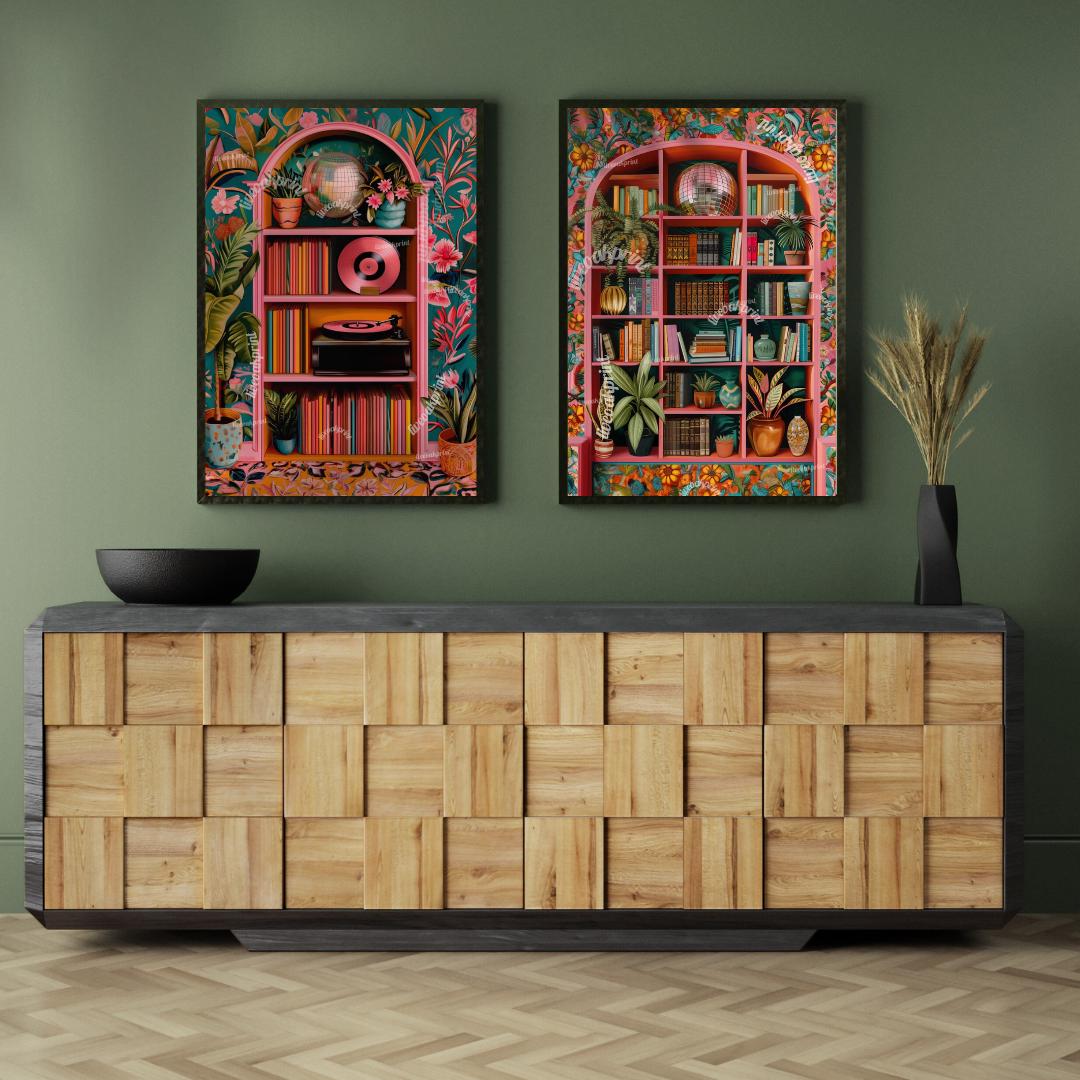 Disco Library and Record Player Art – Set of 2 Prints – Funky Maximalist Wall Art – Bold Vintage-Inspired Decor – Music & Book Lover Gift