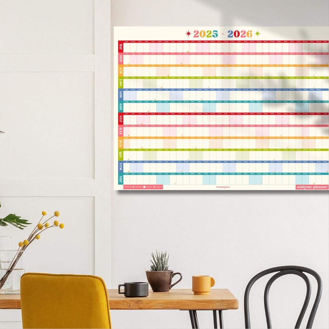 Colorful Mid Year Calendar – 2025–2026 Academic Wall Planner – Retro Brights – Aesthetic Year at a Glance