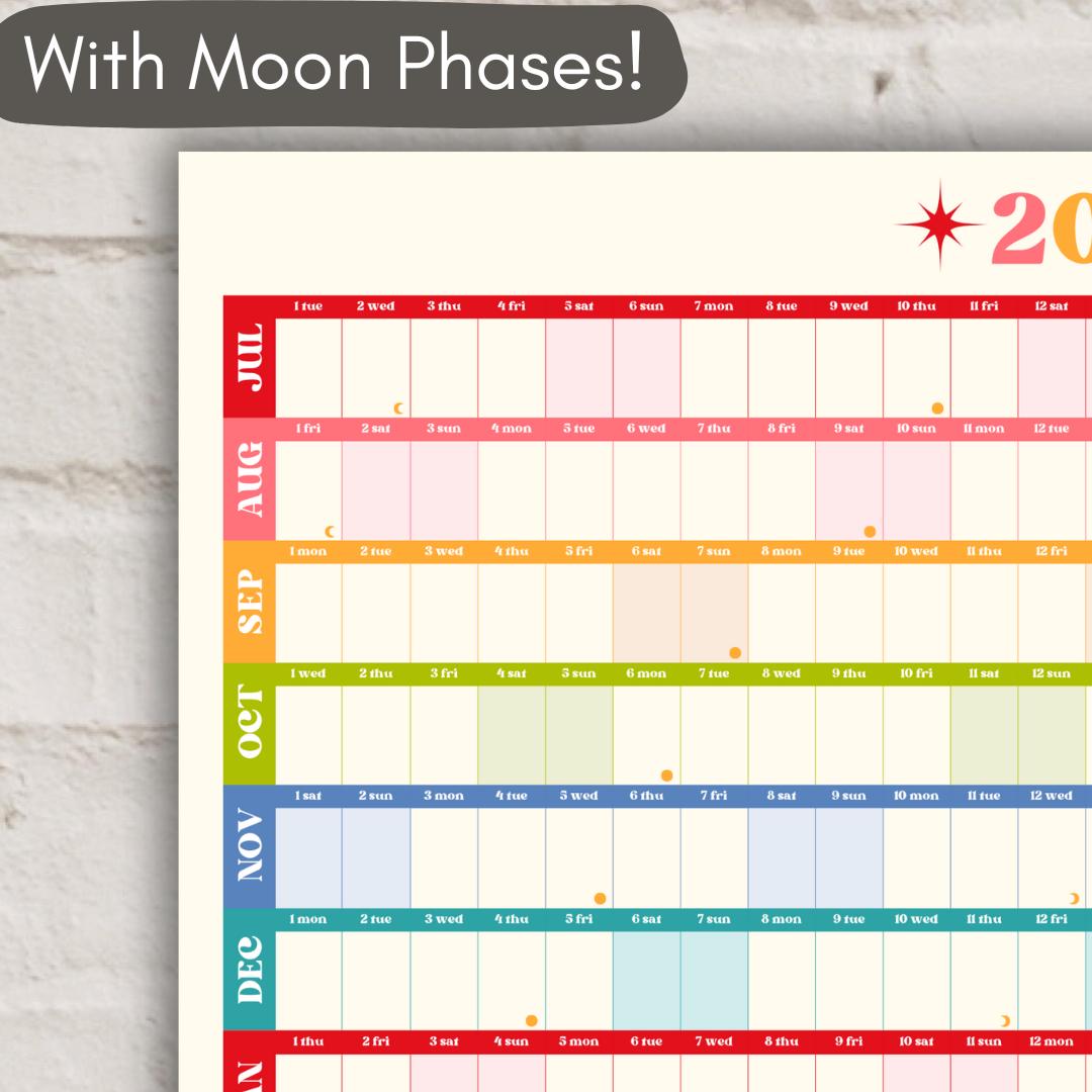 Colorful Mid Year Calendar – 2025–2026 Academic Wall Planner – Retro Brights – Aesthetic Year at a Glance