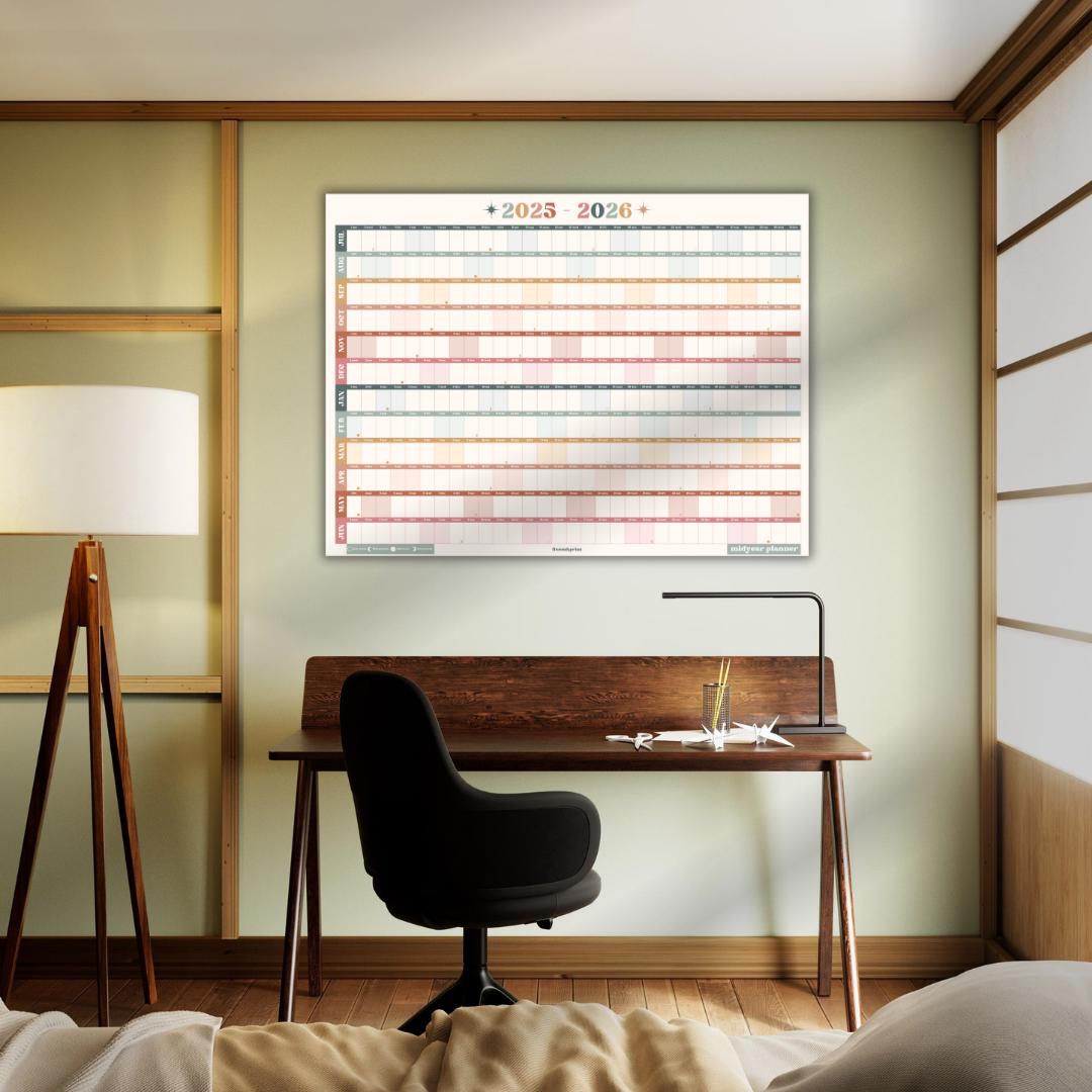 Boho Earth Tones Mid Year Calendar 2025–2026 – Academic Wall Planner – July Start – School Year Calendar – Aesthetic Dorm or Office Decor