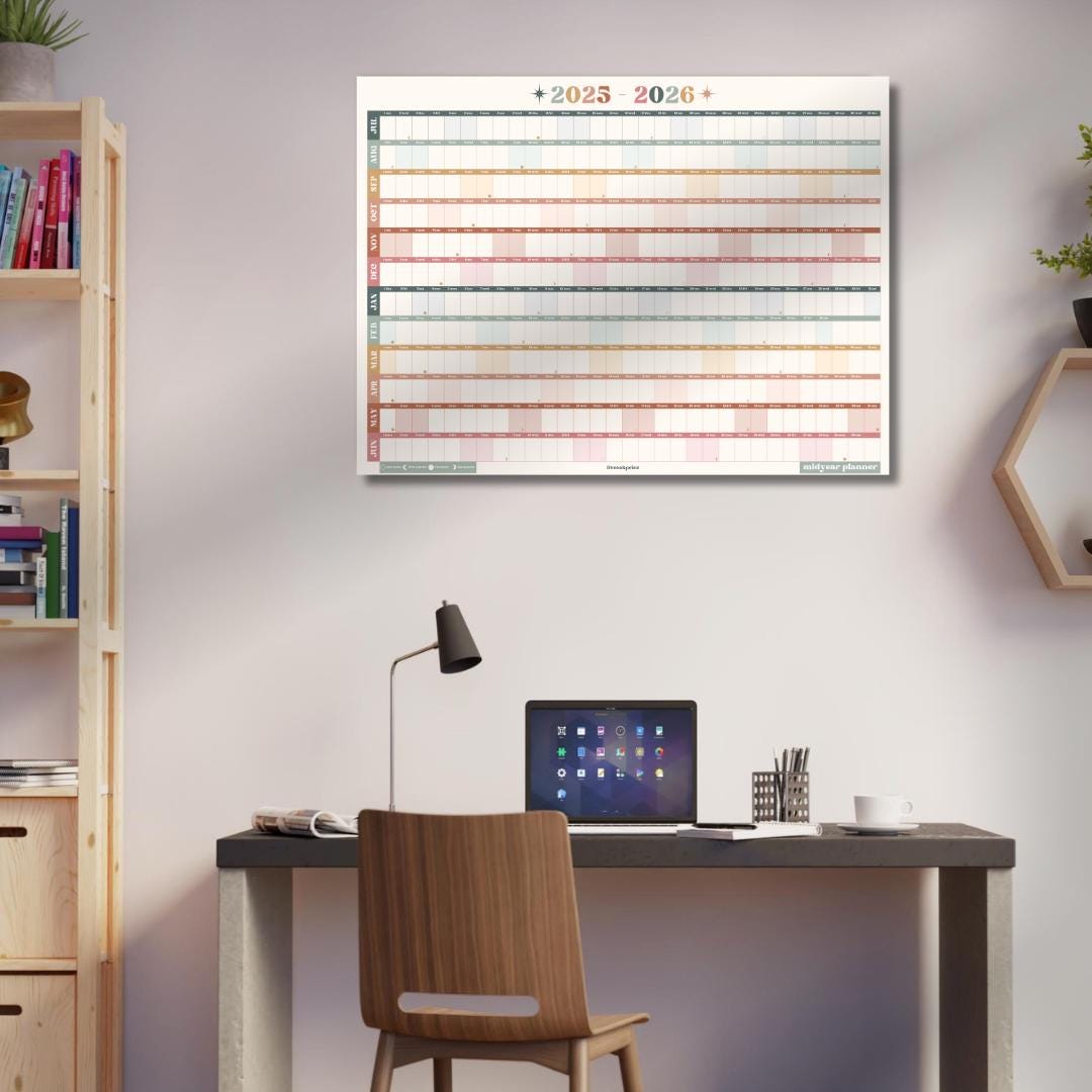 Boho Earth Tones Mid Year Calendar 2025–2026 – Academic Wall Planner – July Start – School Year Calendar – Aesthetic Dorm or Office Decor