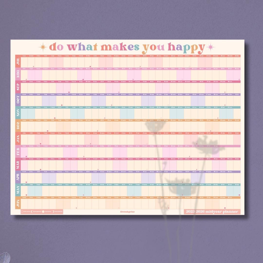 Do What Makes You Happy Calendar – Pastel Mid Year Wall Planner 2025–2026 – Aesthetic Dopamine Decor – July Start School Year Calendar