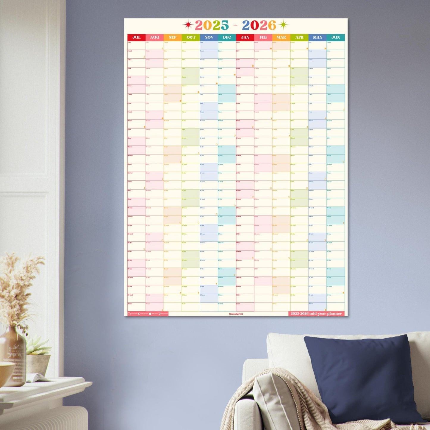 Vertical Wall Planner – Retro Brights Mid Year Calendar 2025–2026 – July Start Academic Year – Colorful Dorm & Classroom Wall Art