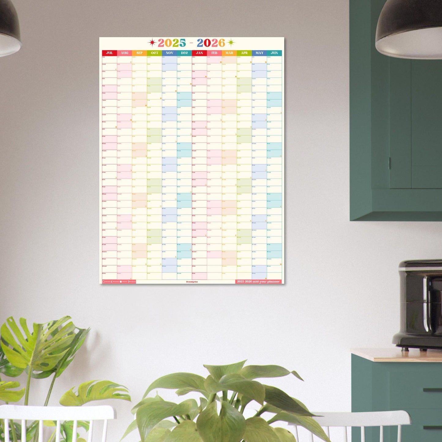 Vertical Wall Planner – Retro Brights Mid Year Calendar 2025–2026 – July Start Academic Year – Colorful Dorm & Classroom Wall Art