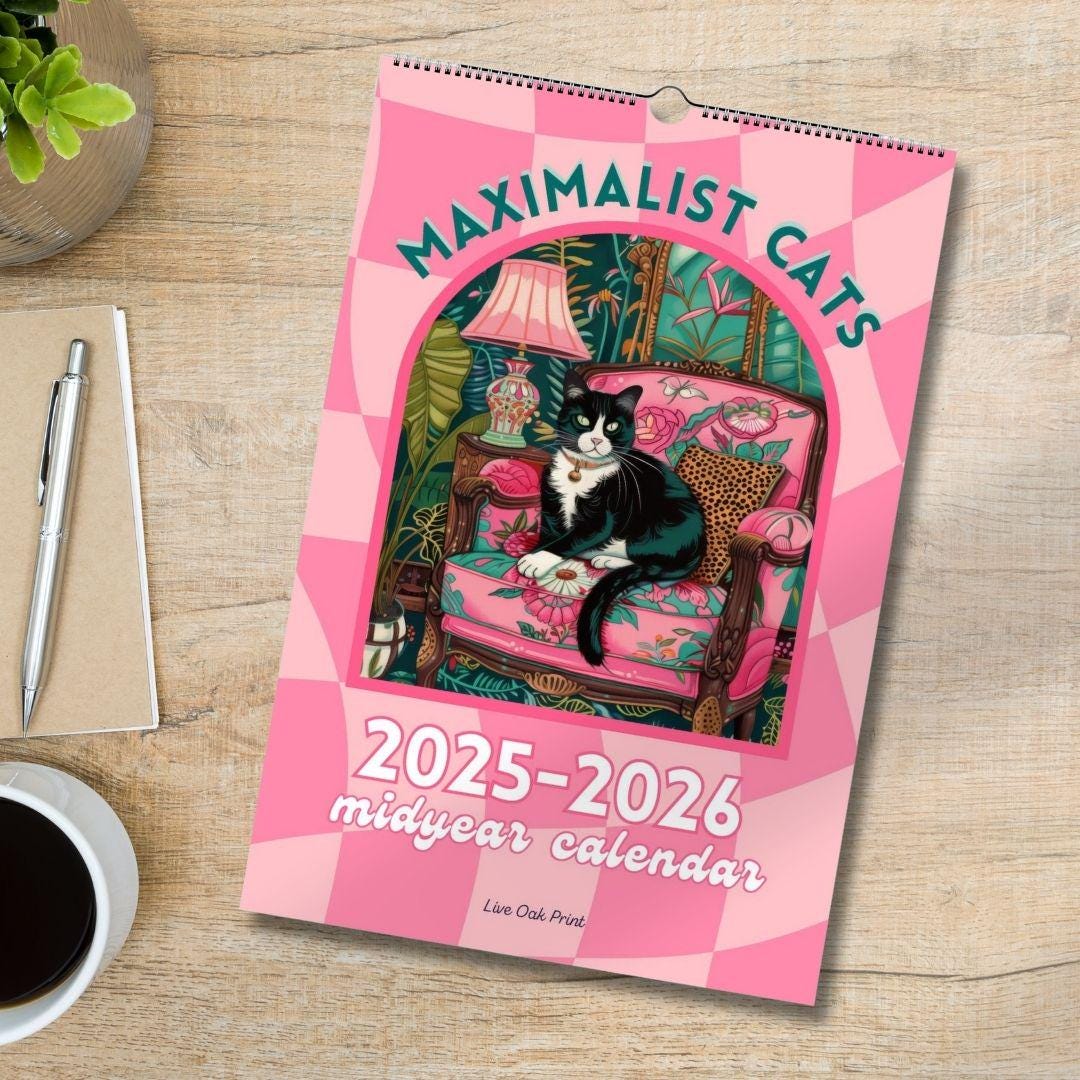 2025–2026 Midyear Cat Calendar – Maximalist Wall Calendar – July Start Academic Planner – Cozy Cat Wall Art – Back to School Gift Cat Lovers