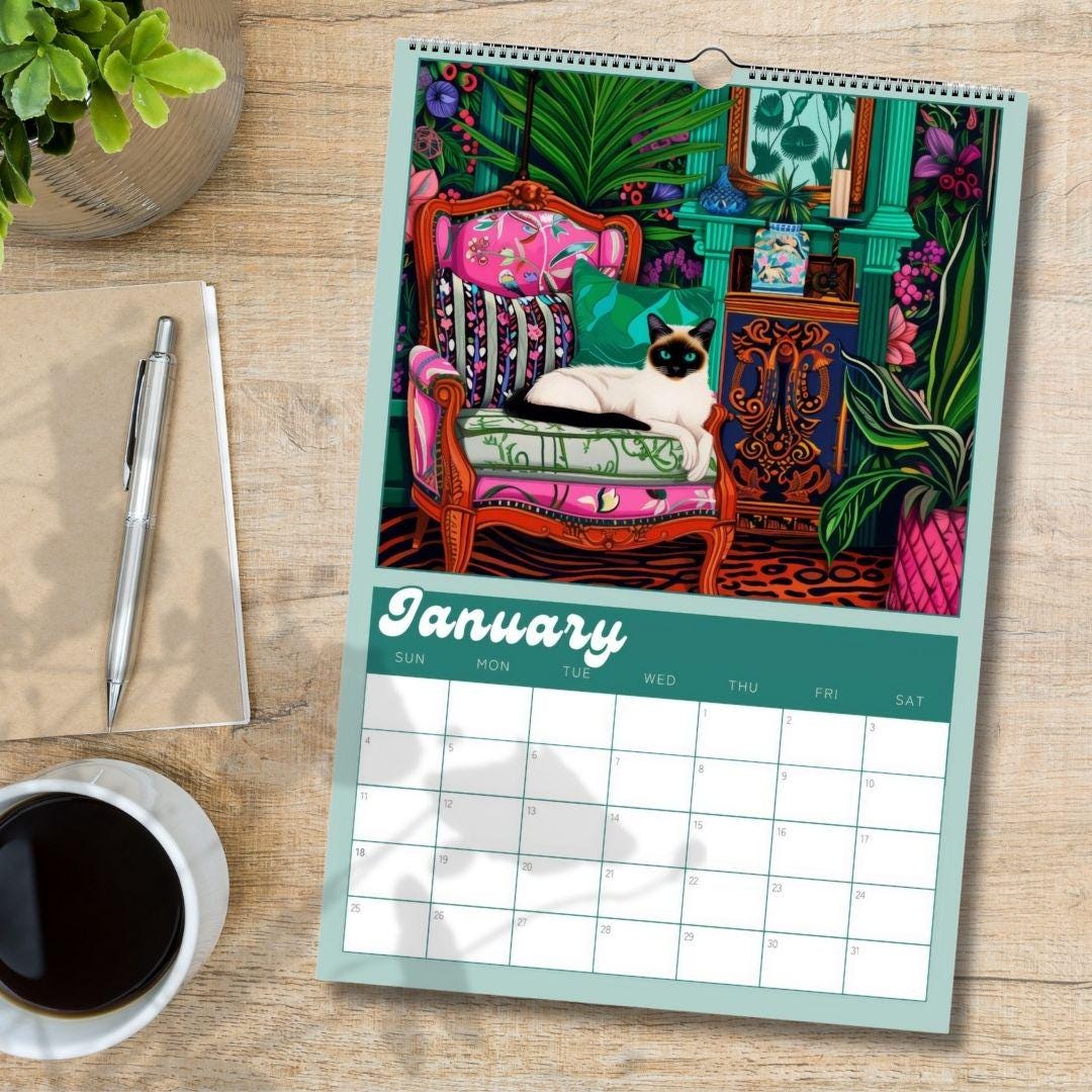 2025–2026 Midyear Cat Calendar – Maximalist Wall Calendar – July Start Academic Planner – Cozy Cat Wall Art – Back to School Gift Cat Lovers