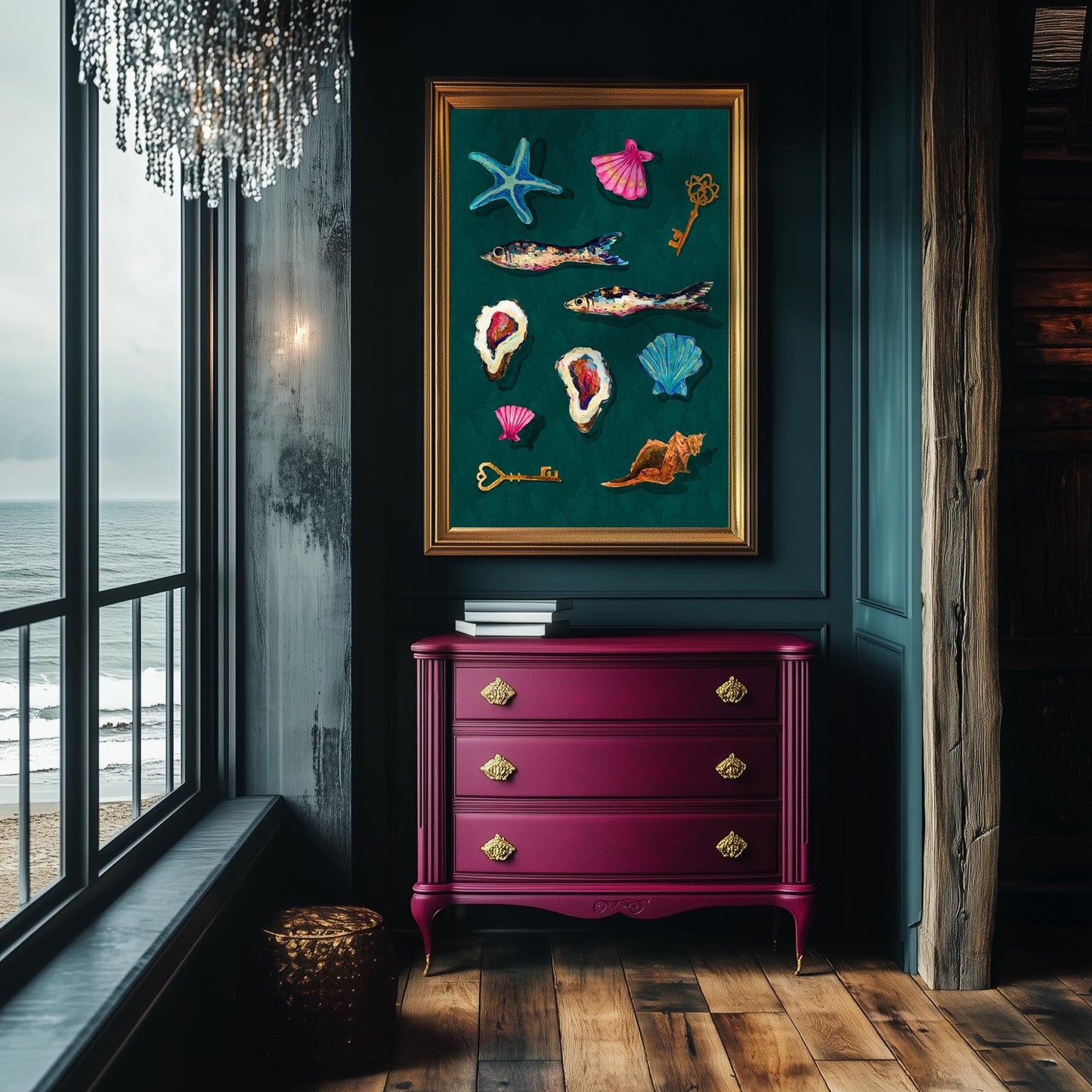 Cabinet of Sea Curiosities – Dark Coastal Decor Print, Surreal Mermaidcore Wall Art, Vintage Shell & Fish Illustration, Maximalist Ocean