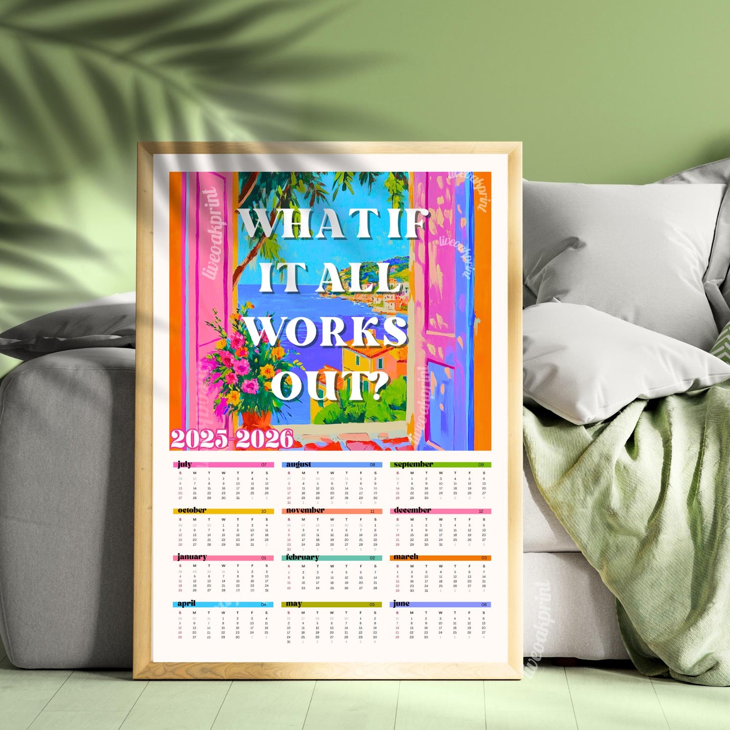 2025–2026 Wall Calendar – What If It All Works Out – Mid Year Academic Calendar – Mediterranean Wall Art