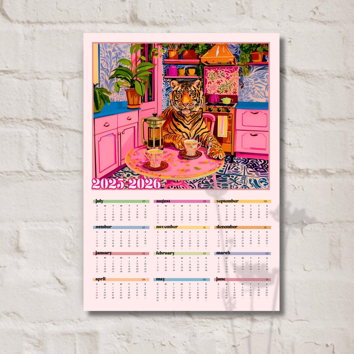 2025–2026 Tiger Calendar – Mid Year Wall Calendar – One Page Kitchen Calendar – Colorful Dopamine Decor – Academic Year at a Glance Planner