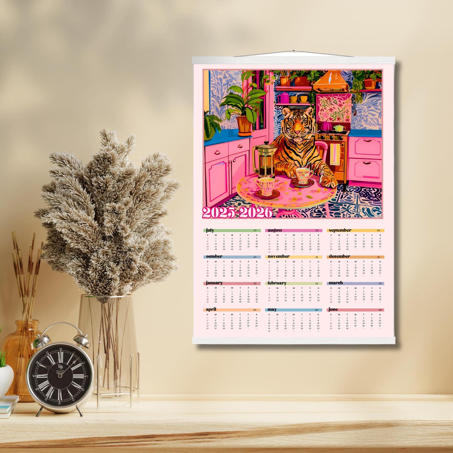2025–2026 Tiger Calendar – Mid Year Wall Calendar – One Page Kitchen Calendar – Colorful Dopamine Decor – Academic Year at a Glance Planner