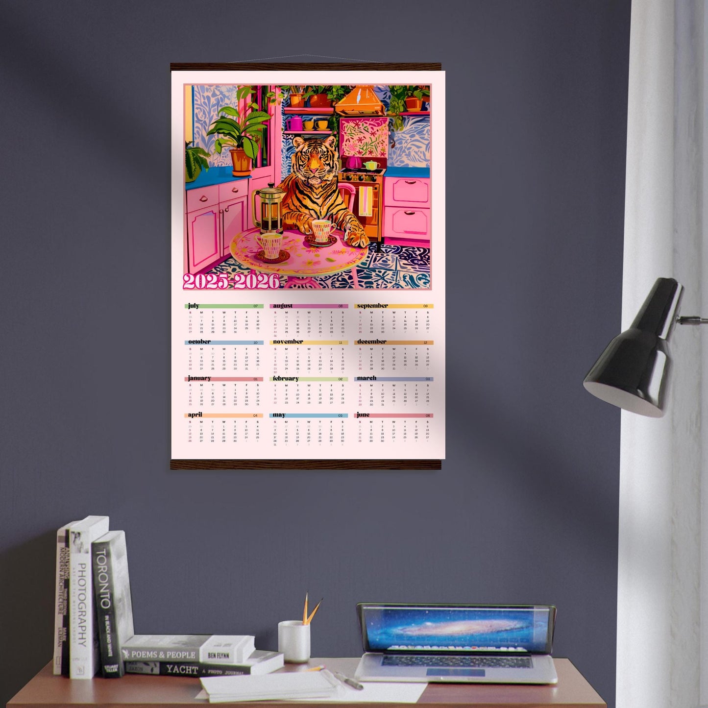 2025–2026 Tiger Calendar – Mid Year Wall Calendar – One Page Kitchen Calendar – Colorful Dopamine Decor – Academic Year at a Glance Planner