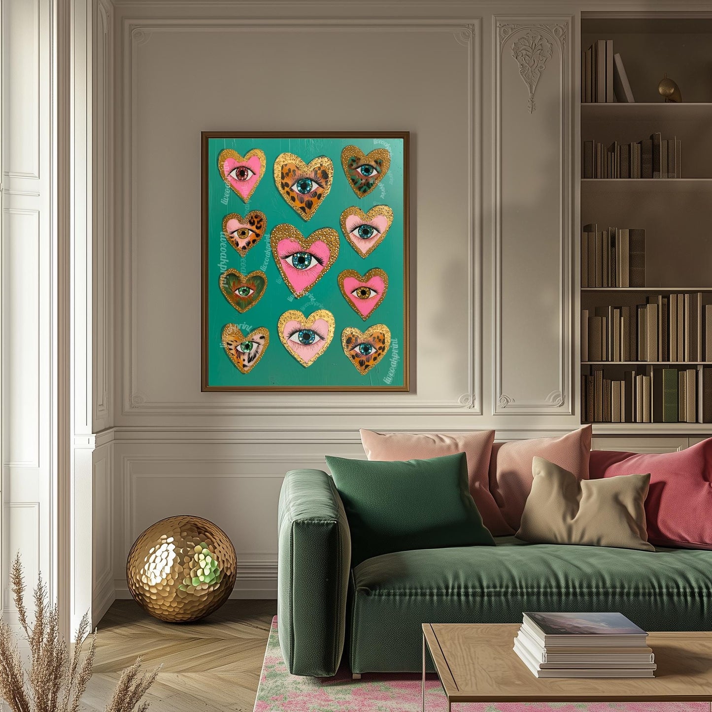 Heart Eye Art Print – Green Maximalist Wall Art – Funky Coquette Decor – Leopard Print Eye Poster – Dopamine Decor for Bold Interiors