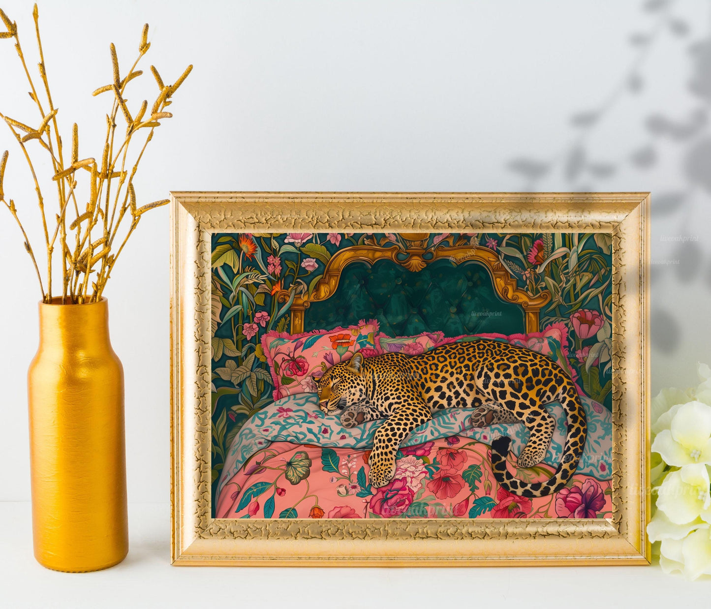 Sleepy Leopard in a Vintage Bed Print