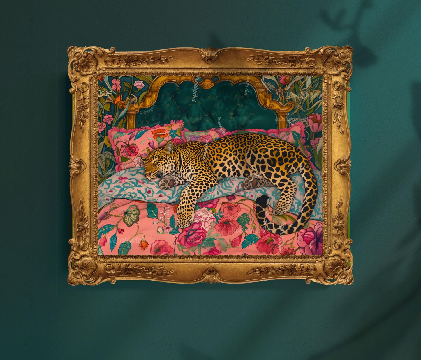 Sleepy Leopard in a Vintage Bed Print
