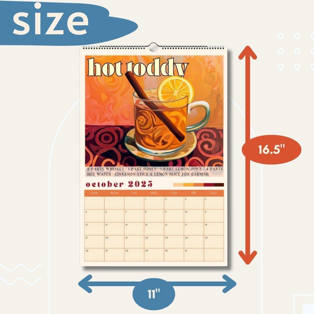 2025–2026 Cocktail Calendar | Midyear Monthly Recipe Calendar | Cocktail Art Print | Home Bar Decor | Mixology Gift for Bartenders