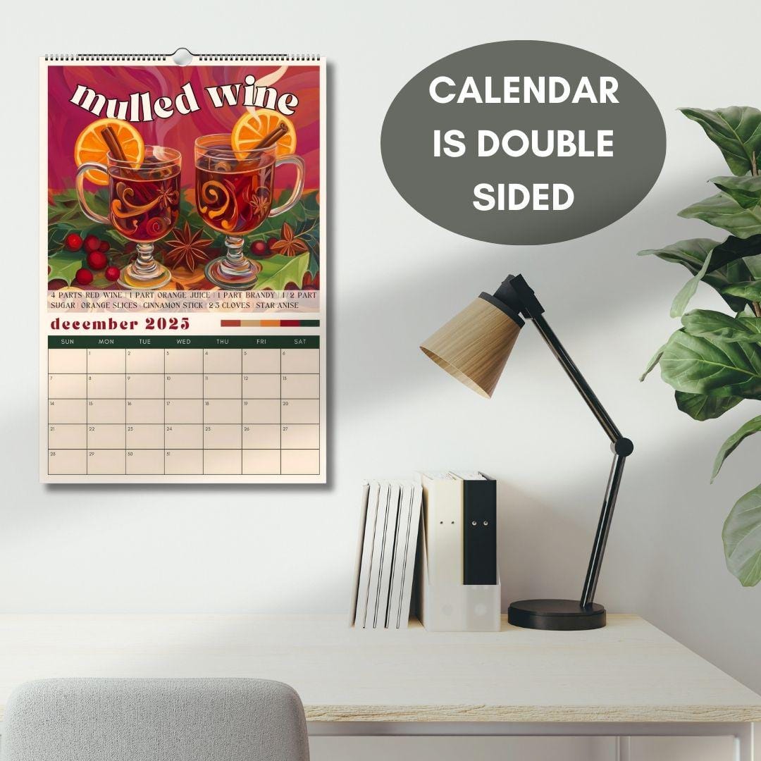 2025–2026 Cocktail Calendar | Midyear Monthly Recipe Calendar | Cocktail Art Print | Home Bar Decor | Mixology Gift for Bartenders