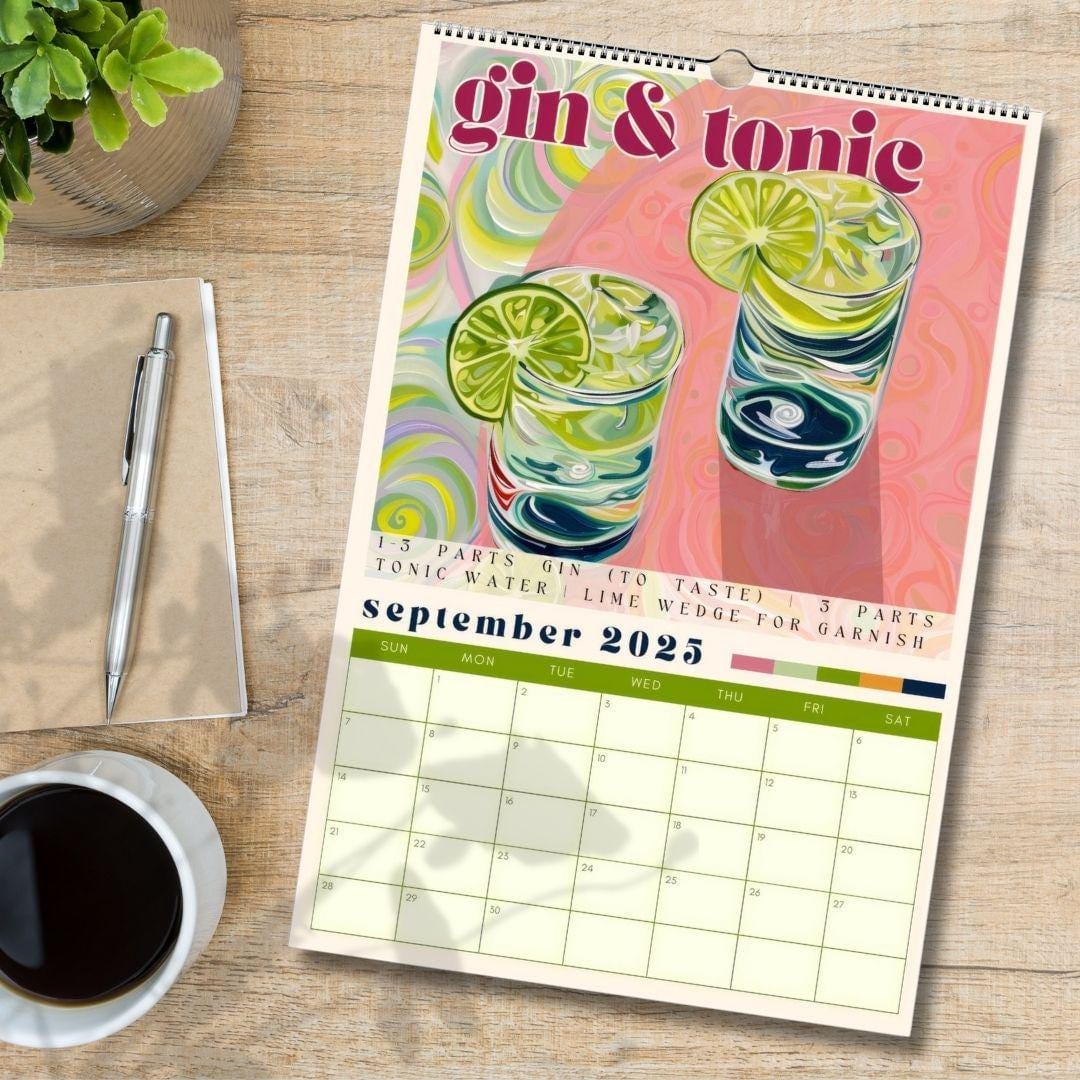2025–2026 Cocktail Calendar | Midyear Monthly Recipe Calendar | Cocktail Art Print | Home Bar Decor | Mixology Gift for Bartenders