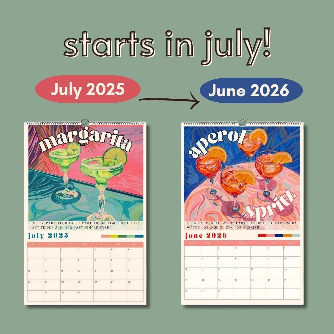 2025–2026 Cocktail Calendar | Midyear Monthly Recipe Calendar | Cocktail Art Print | Home Bar Decor | Mixology Gift for Bartenders