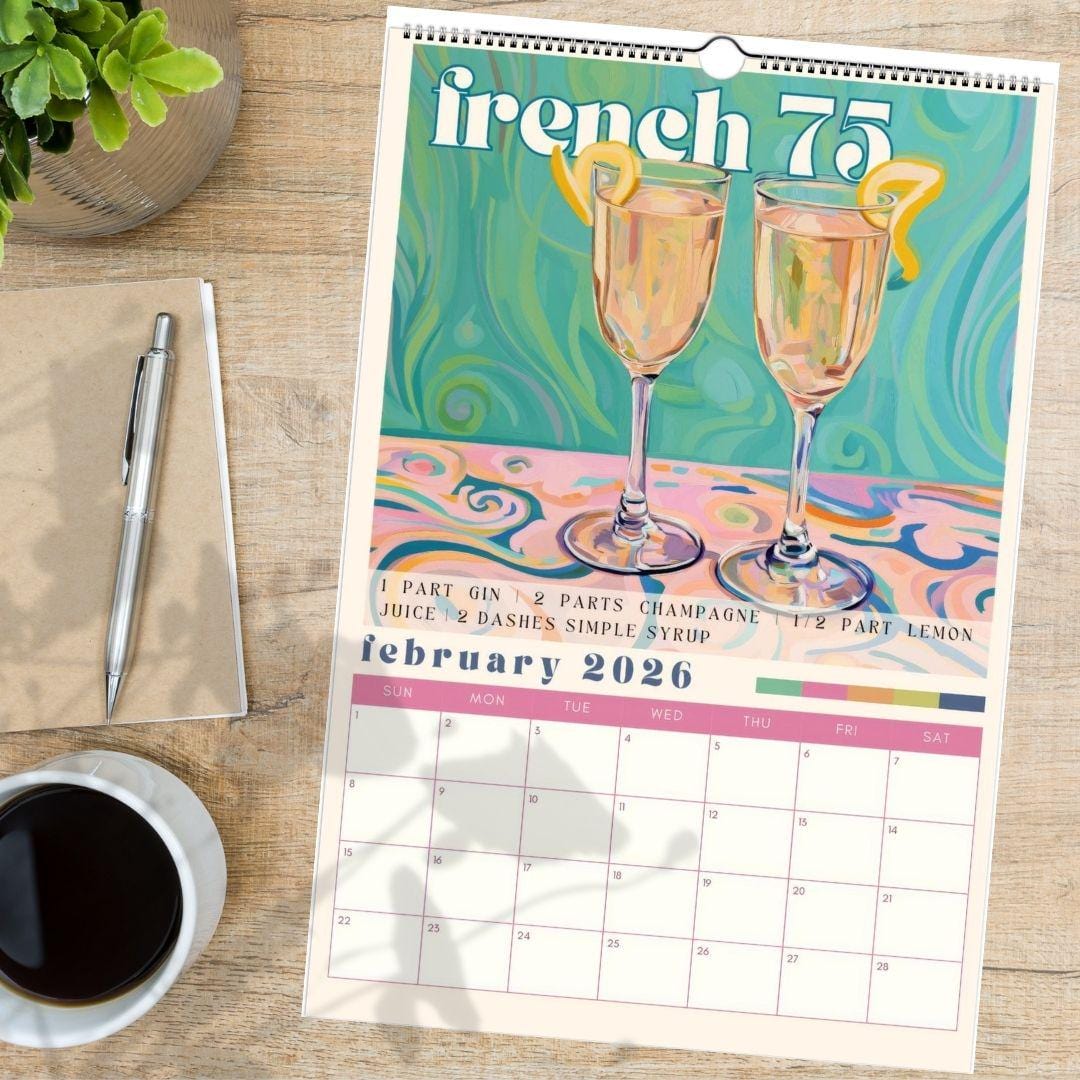 2025–2026 Cocktail Calendar | Midyear Monthly Recipe Calendar | Cocktail Art Print | Home Bar Decor | Mixology Gift for Bartenders