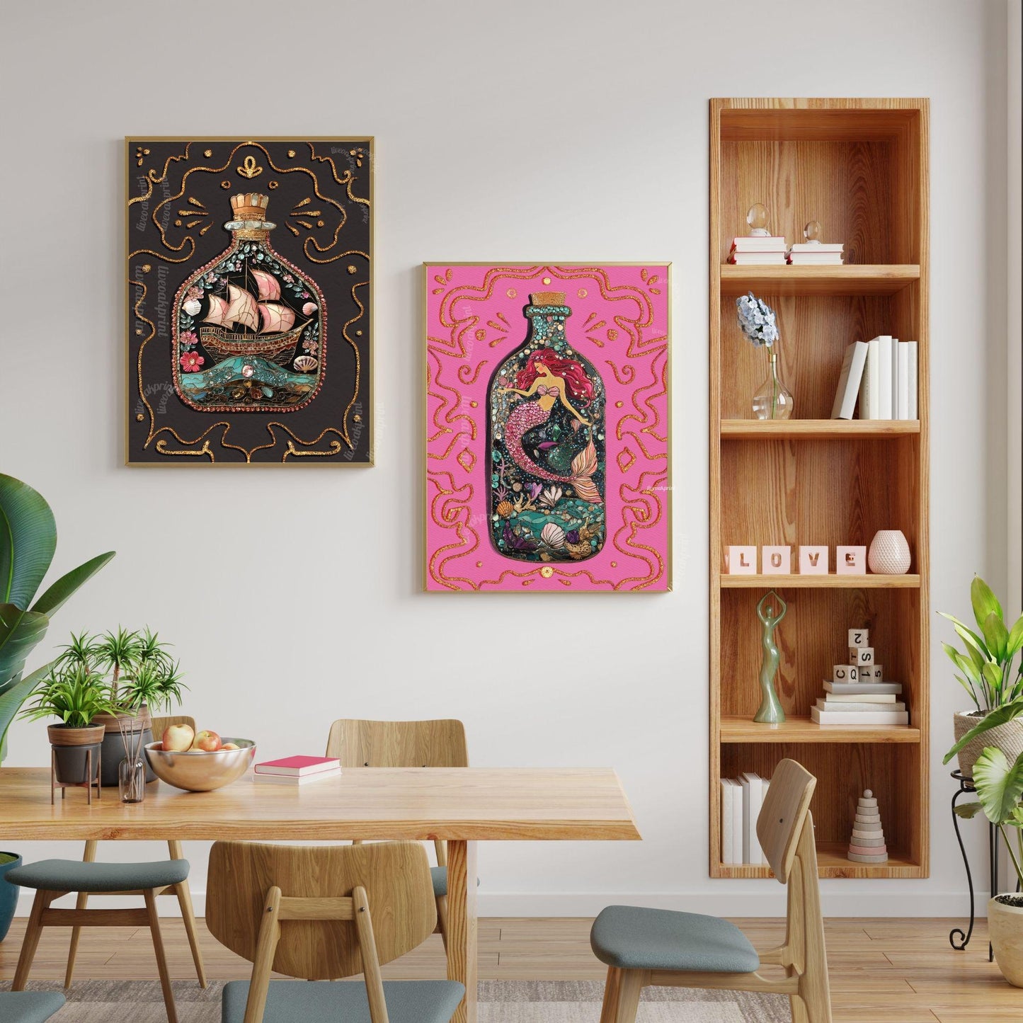 Mermaid in a Bottle Art Print – Pink Coastal Wall Art – Whimsical Mermaid Poster – Nautical Fantasy Decor – Beachcore Aesthetic