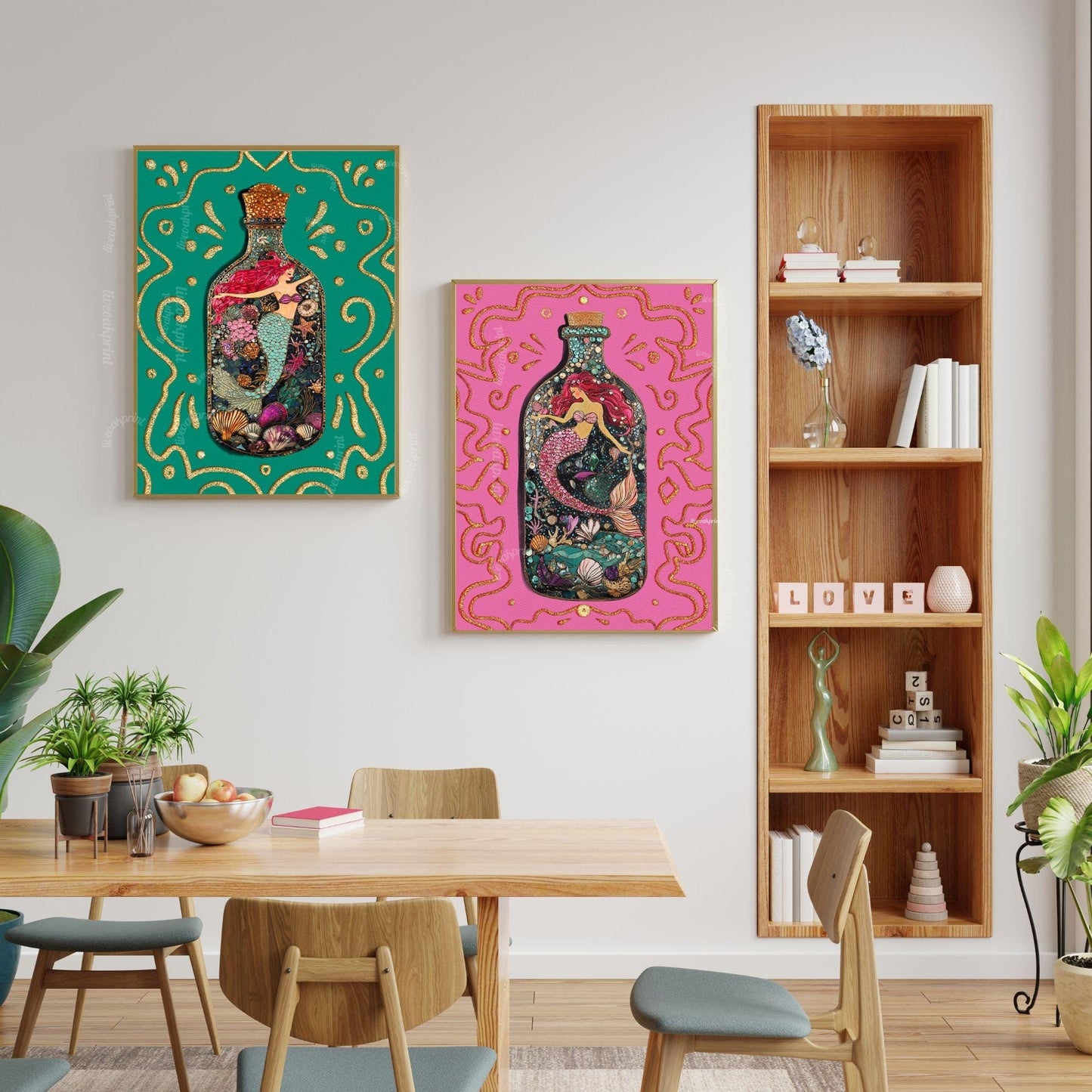 Mermaid in a Bottle Art Print – Coastal Wall Decor – Whimsical Ocean Print – Teal Mermaid Poster – Nautical Fantasy Wall Art