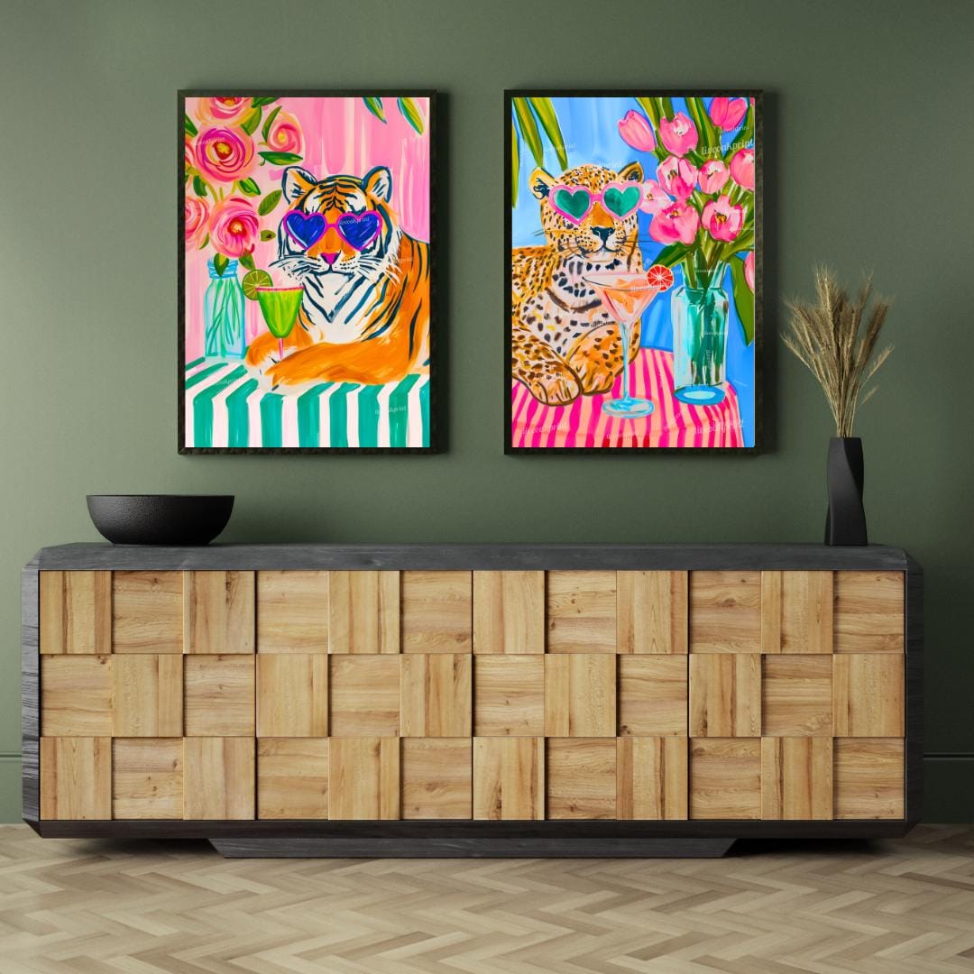 Cocktail Cat Jungle Print Set – Margarita & Martini Jungle Cat Wall Art – Pink Animal Bar Decor – Maximalist Dopamine Home Gift