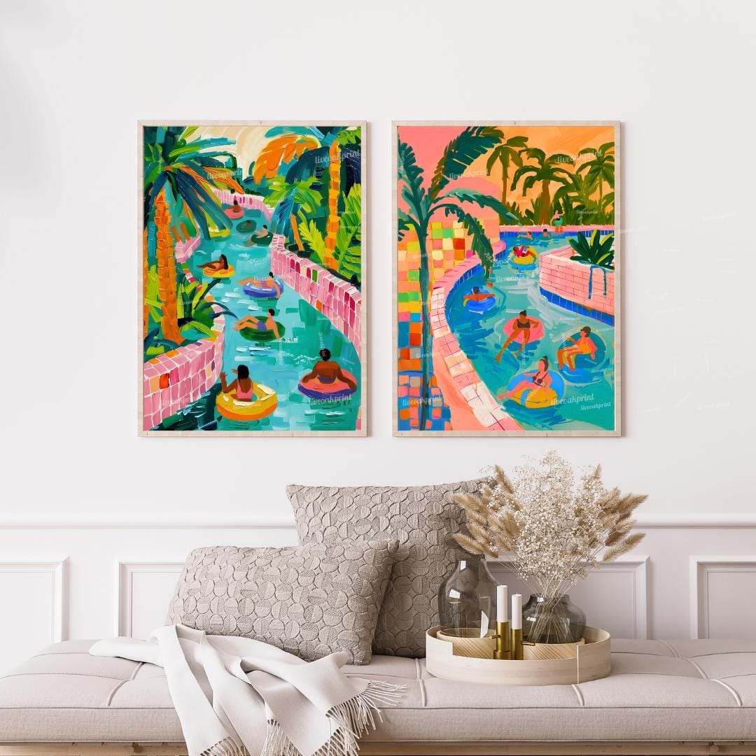 Lazy River Art Print Set – Colorful Summer Wall Art – Retro Pool Float Decor – Vacation Gallery Wall – Dopamine Decor Set of Two Prints