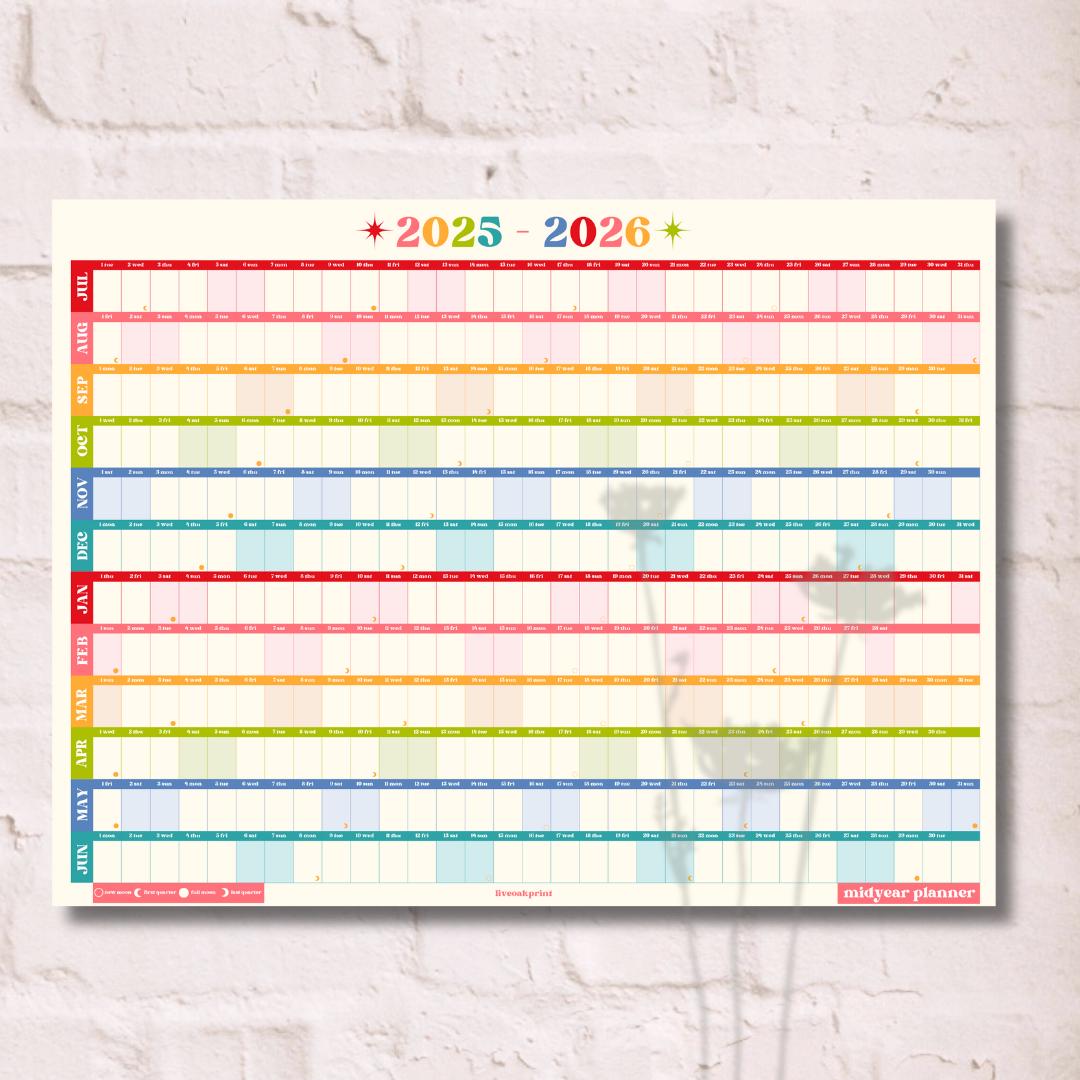 Colorful Mid Year Calendar – 2025–2026 Academic Wall Planner – Retro Brights – Aesthetic Year at a Glance
