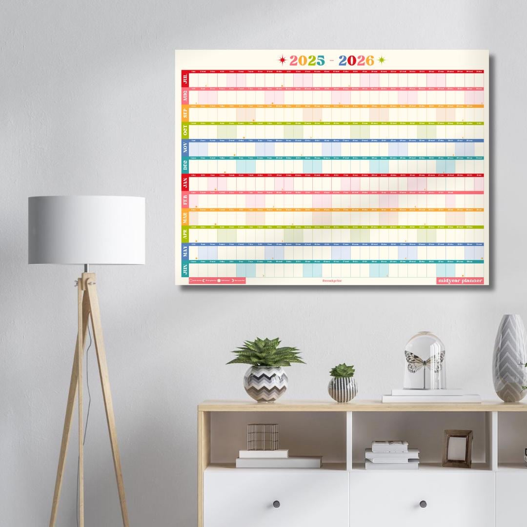 Colorful Mid Year Calendar – 2025–2026 Academic Wall Planner – Retro Brights – Aesthetic Year at a Glance