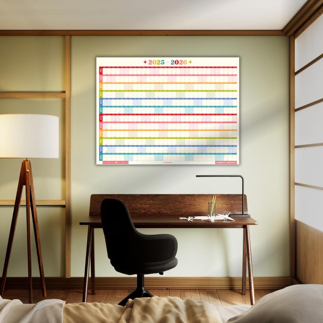 Colorful Mid Year Calendar – 2025–2026 Academic Wall Planner – Retro Brights – Aesthetic Year at a Glance