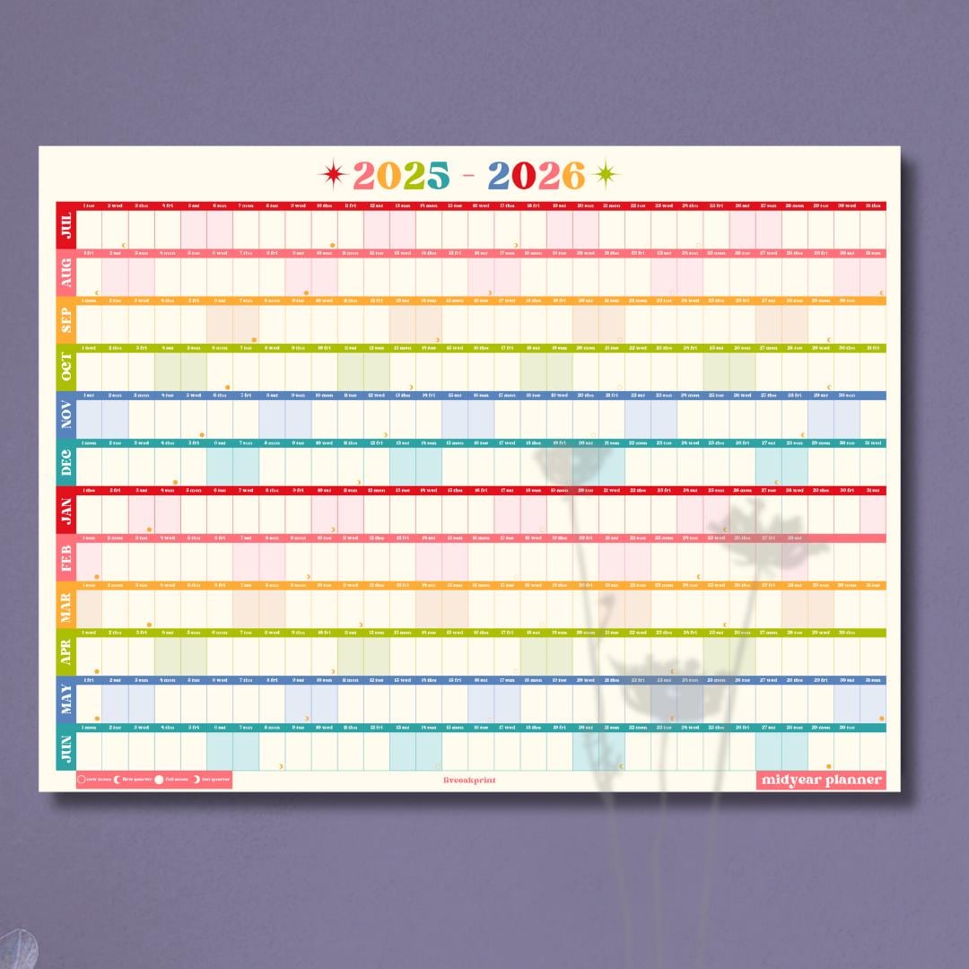 Colorful Mid Year Calendar – 2025–2026 Academic Wall Planner – Retro Brights – Aesthetic Year at a Glance