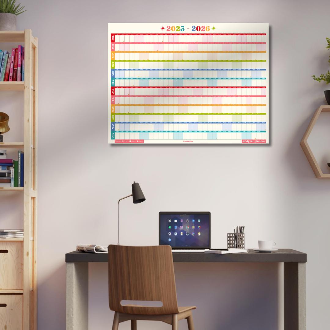 Colorful Mid Year Calendar – 2025–2026 Academic Wall Planner – Retro Brights – Aesthetic Year at a Glance