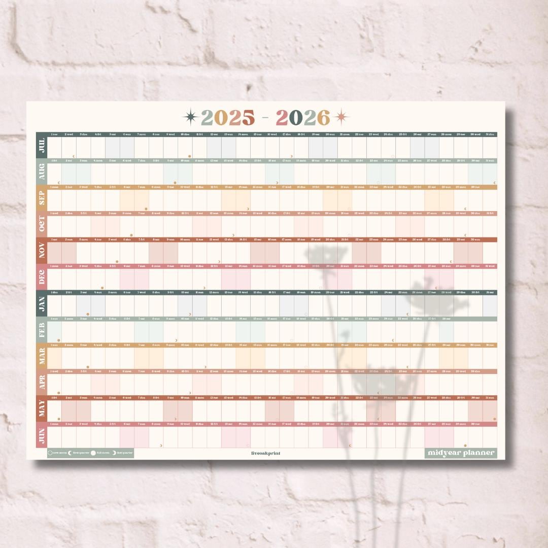 Boho Earth Tones Mid Year Calendar 2025–2026 – Academic Wall Planner – July Start – School Year Calendar – Aesthetic Dorm or Office Decor