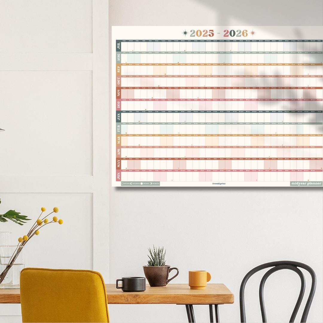 Boho Earth Tones Mid Year Calendar 2025–2026 – Academic Wall Planner – July Start – School Year Calendar – Aesthetic Dorm or Office Decor