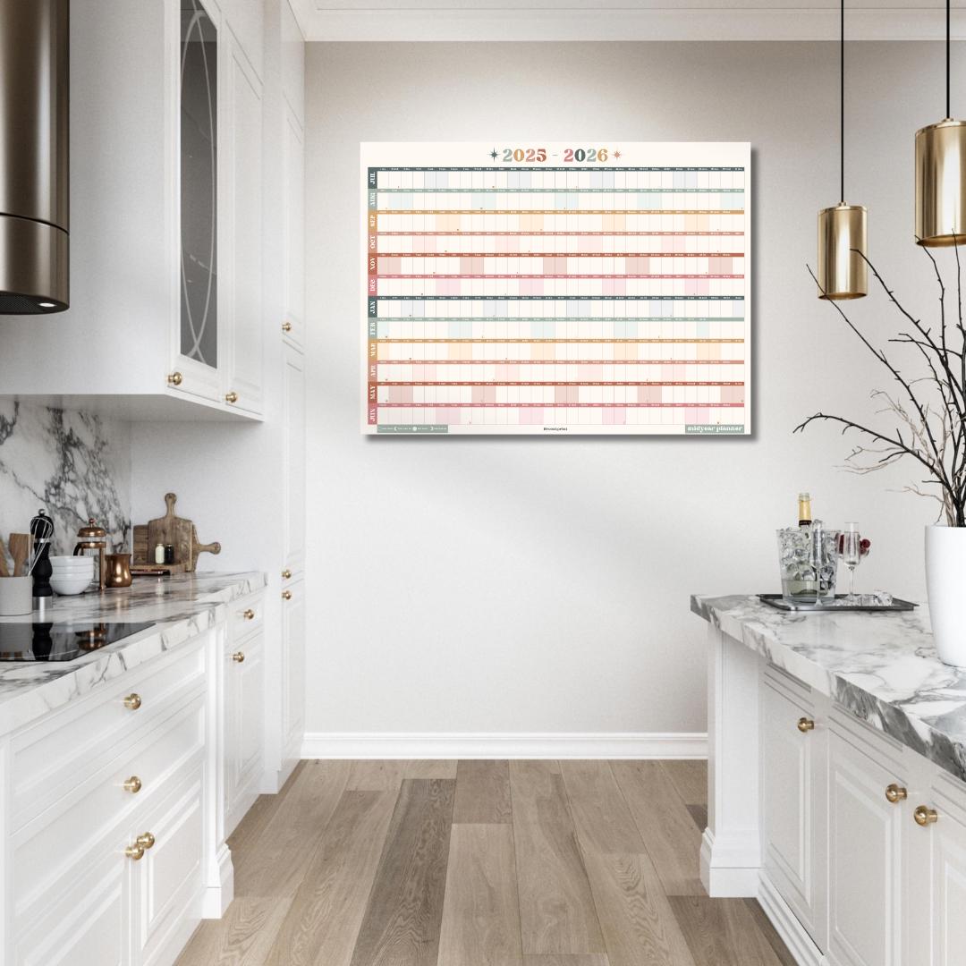 Boho Earth Tones Mid Year Calendar 2025–2026 – Academic Wall Planner – July Start – School Year Calendar – Aesthetic Dorm or Office Decor