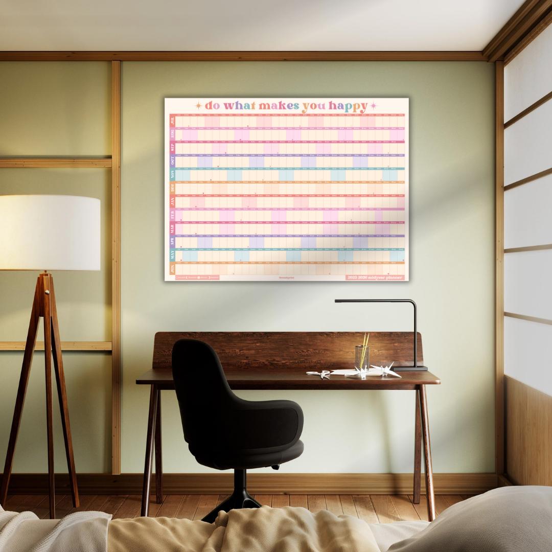 Do What Makes You Happy Calendar – Pastel Mid Year Wall Planner 2025–2026 – Aesthetic Dopamine Decor – July Start School Year Calendar