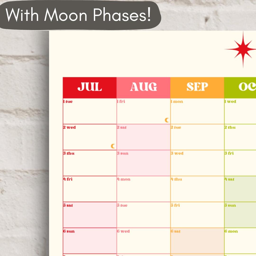 Vertical Wall Planner – Retro Brights Mid Year Calendar 2025–2026 – July Start Academic Year – Colorful Dorm & Classroom Wall Art