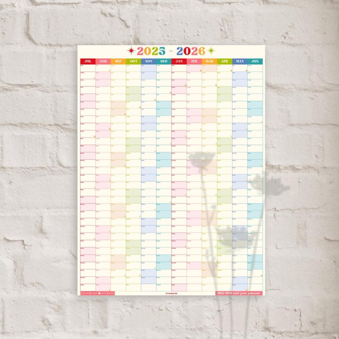 Vertical Wall Planner – Retro Brights Mid Year Calendar 2025–2026 – July Start Academic Year – Colorful Dorm & Classroom Wall Art