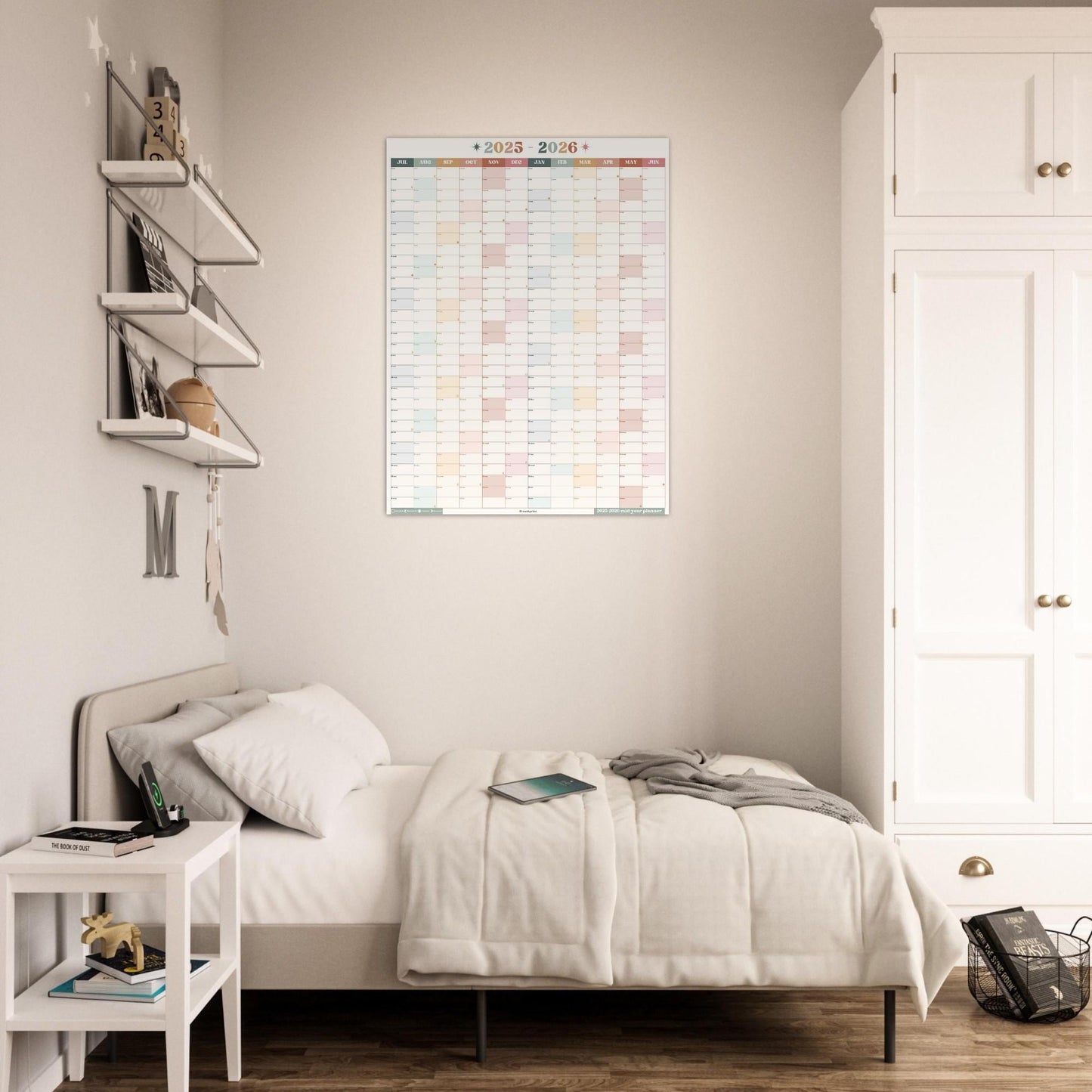 Vertical Wall Planner – Boho Earth Tones Mid Year Calendar 2025–2026 – July Start Academic Planner – Minimalist Dorm & Office Decor