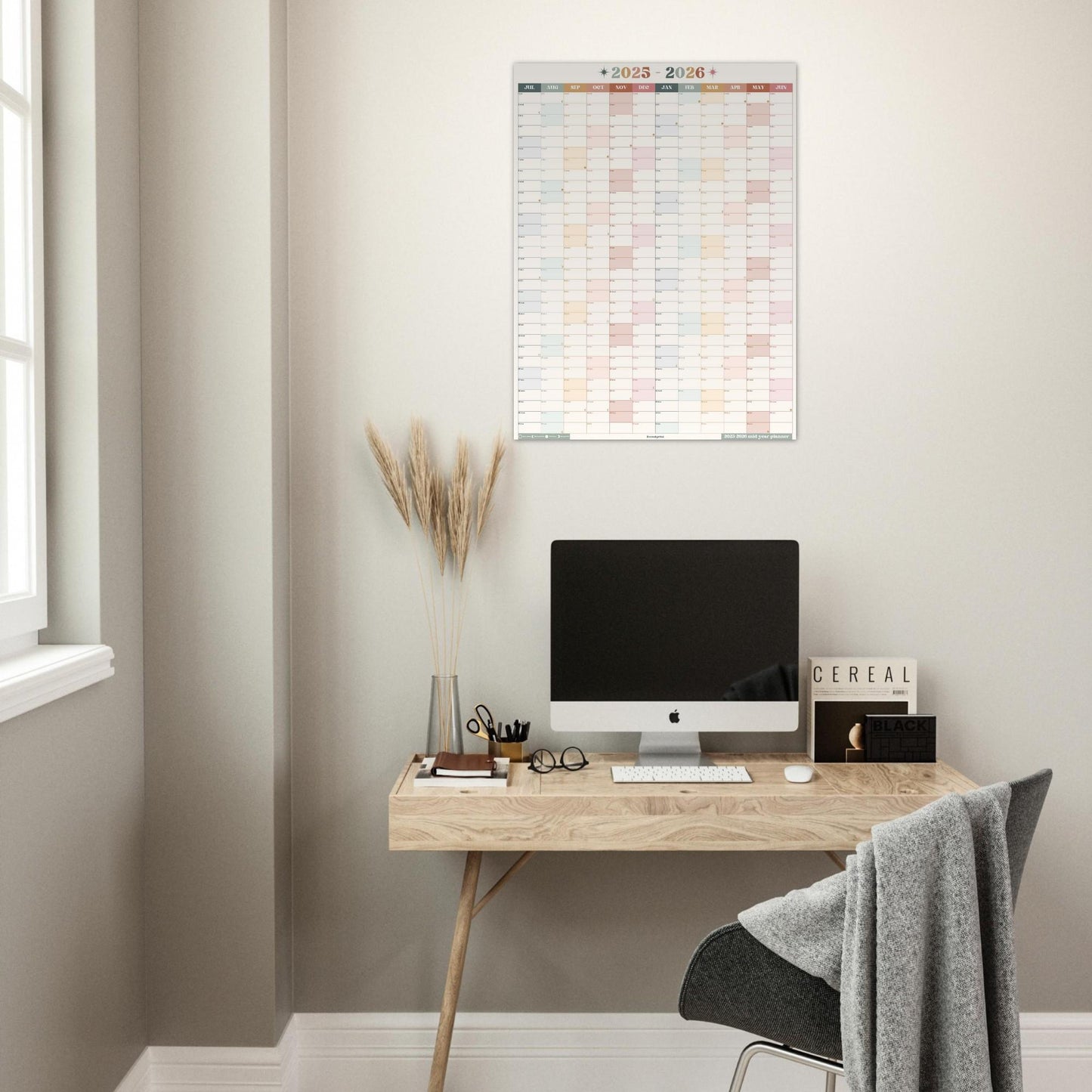 Vertical Wall Planner – Boho Earth Tones Mid Year Calendar 2025–2026 – July Start Academic Planner – Minimalist Dorm & Office Decor