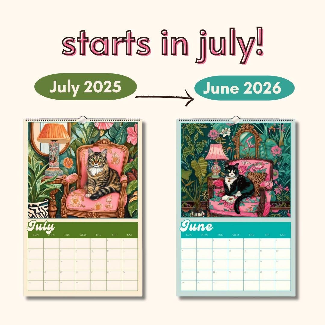 2025–2026 Midyear Cat Calendar – Maximalist Wall Calendar – July Start Academic Planner – Cozy Cat Wall Art – Back to School Gift Cat Lovers