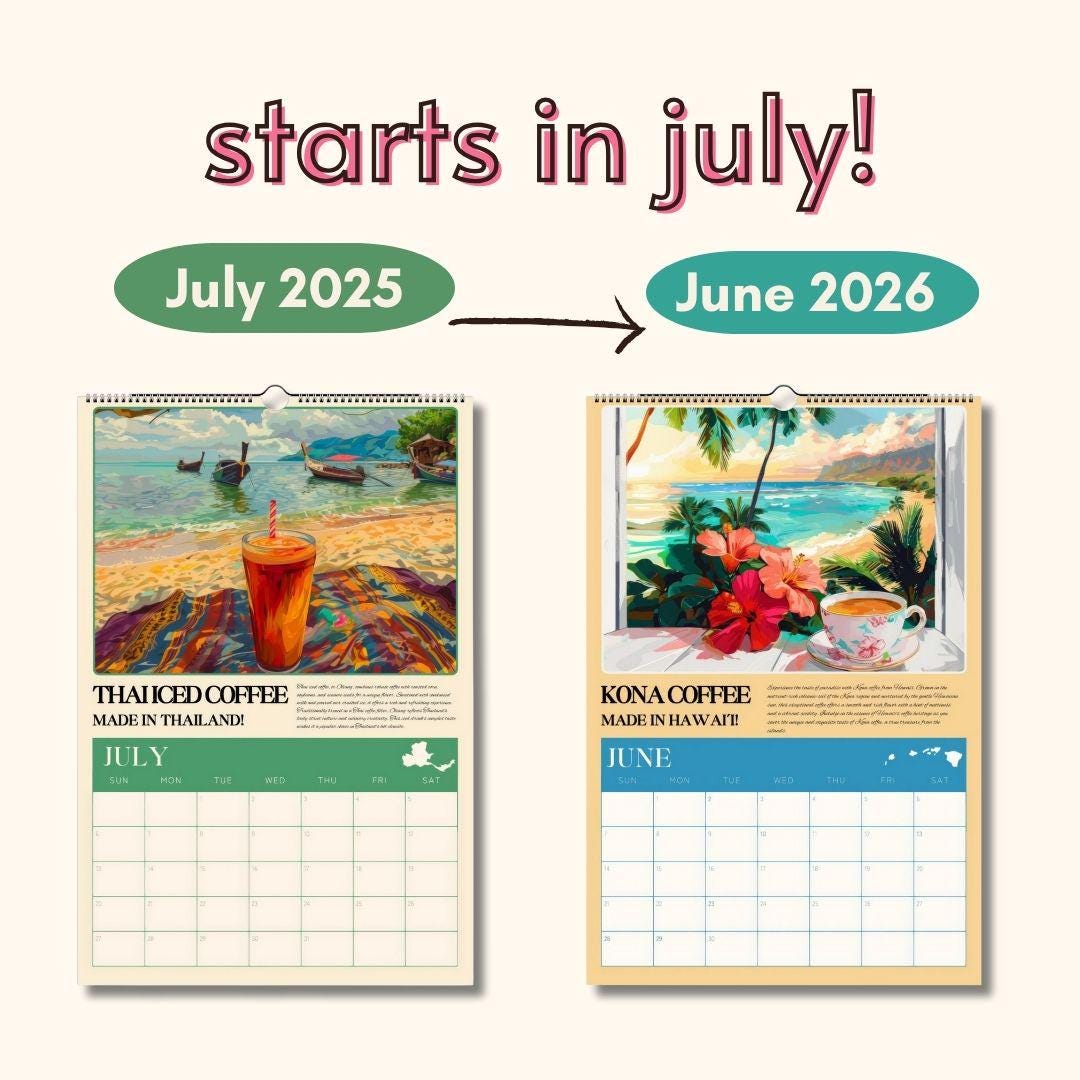 2025–2026 Mid Year Coffee Calendar – Coffee Around the World Wall Calendar – July Start Academic Planner – Travel Gift for Coffee Lovers