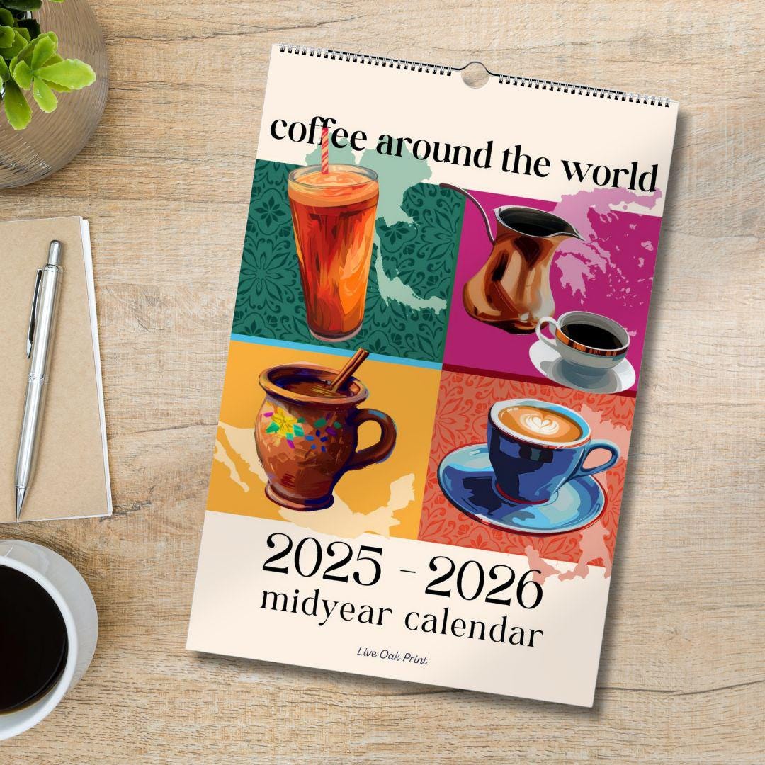 2025–2026 Mid Year Coffee Calendar – Coffee Around the World Wall Calendar – July Start Academic Planner – Travel Gift for Coffee Lovers