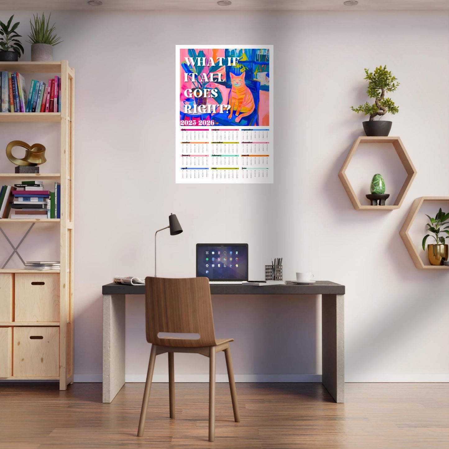 2025–2026 Wall Calendar – What If It All Goes Right – Mid Year Academic Calendar – Cozy Cat Decor – One Page Year at a Glance Planner