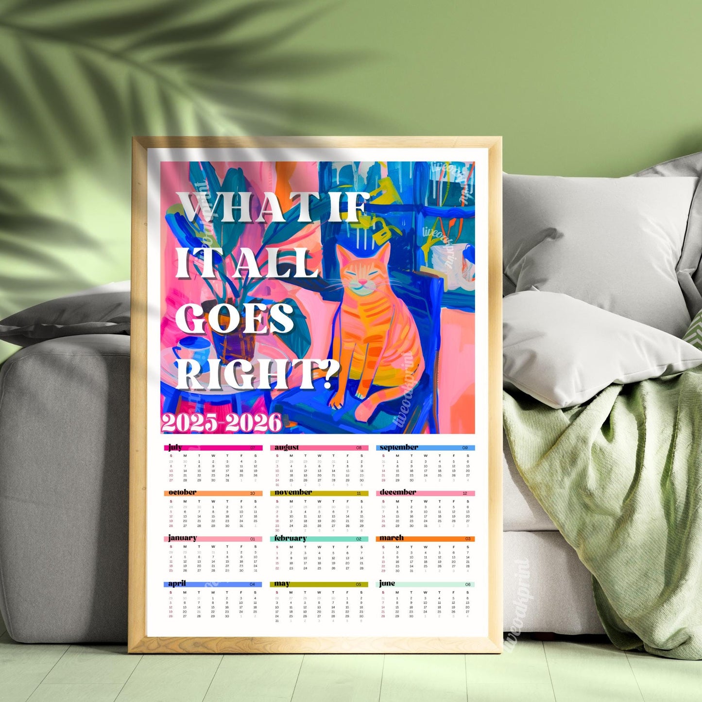 2025–2026 Wall Calendar – What If It All Goes Right – Mid Year Academic Calendar – Cozy Cat Decor – One Page Year at a Glance Planner